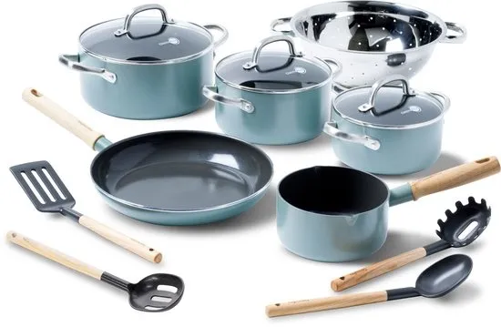 GreenPan Mayflower Koekenpannenset 13-delig - 13/18/20/24/28cm - 1.6/2.6L - PFAS-vrije antikleeflaag - Pannenset inductie - Keramische pan - Niet ovenbestendig - Koudgrepen - Blauw