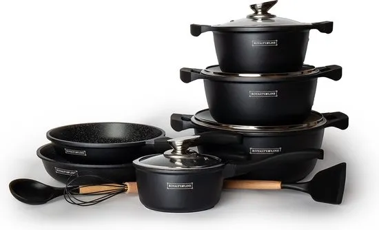 Royalty Line® BS1010 Pannenset Inductie - 13 Delige Pannensets Met Antiaanbaklaag - PFAS Vrij - Set Met Koekenpannen, Kookpotten & Steelpan - Pannen Voor Alle Warmtebronnen - Zwart