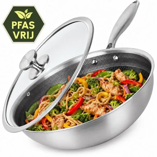 Maison & Kitchen Wokpan Ø28 cm - PFAS vrij - Inductie, Elektrisch, Keramisch & Gas - RVS Honingraat Anti Aanbak pan - Keramische Coating