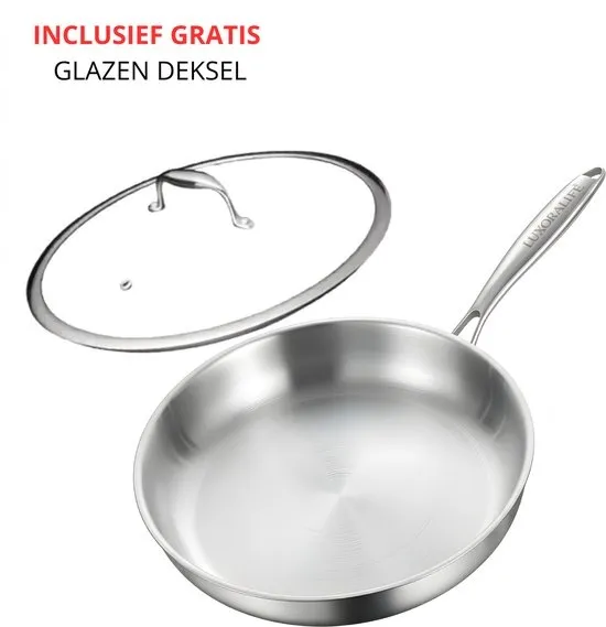 LuxoraLife® Koekenpan Ø 28 cm - PFAS & PTFE vrij- Inductie - RVS -Glazen deksel-3 -Ply -Geschikt voor alle warmtebronnen