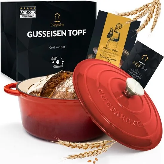 Gietijzeren Pan Chefarone 4.7L - PFAS vrij - Braadpan Inclusief Deksel - Kookpan voor alle Warmtebronnen - Kookpot Ø 26CM - Geëmailleerd Rood - Cadeau voor vrouwen