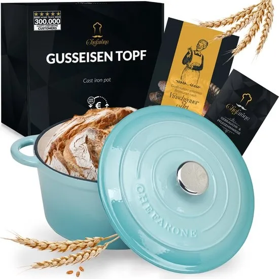 Chefarone Gietijzeren Pan 3.5L - PFAS vrij - Braadpan Inclusief Deksel - Geschikt Voor Alle Warmtebronnen - Geëmailleerd Blauw