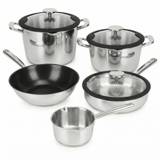 Cuisio DECO+ Pannenset Inductie - RVS Pan Met Afgietsysteem - PFAS-vrij - 8-delige Kookpan Set Met Skillet & Wok - 91% Gerecycled Roestvrij Staal - Zilver