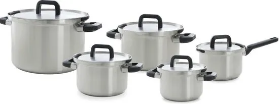 BK Flow Cool Pannenset 4-delig - 16/18/20cm - Zonder PFAS-vrije antikleeflaag - Pannenset inductie - RVS kookpan - Veilig afgietsysteem - Ovenbestendig tot 160°C - Met deksel - Zilver
