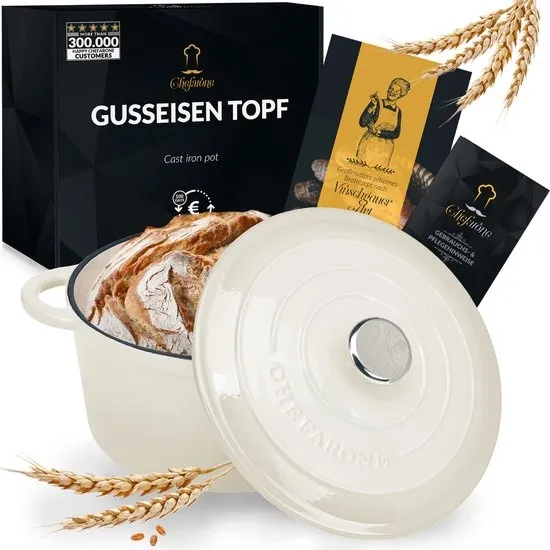 Chefarone Gietijzeren Pan 3.5L - PFAS vrij - Braadpan Inclusief Deksel - Geschikt Voor Alle Warmtebronnen - Geëmailleerd Creme Wit