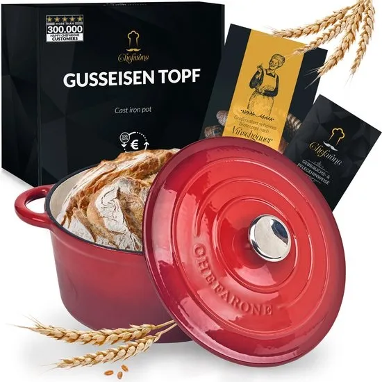 Chefarone Gietijzeren Pan 3.5L- PFAS vrij - Braadpan Inclusief Deksel - Geschikt Voor Alle Warmtebronnen - Ø27cm - Geëmailleerd Rood - Hittebestendig tot 300°C - Cadeautje voor Haar
