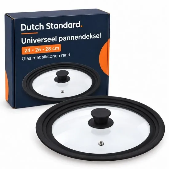 Dutch Standard universeel pannendeksel - Voor 24, 26 en 28 cm - Glas met siliconen rand - Zwart - 1 stuk