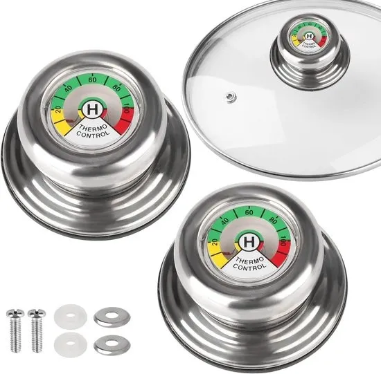 Pannendeksel knop met Thermometer - 2 stuks - Universele Keuken Knoppen - dekselknop - 5-12mm Universele - roestvrijstalen - Deksel Handvat - Deksel Knop - Thermometer Vervangende Handgreep - Anti-Verbrandingsknop - Geschikt voor AMC Potten en Pannen