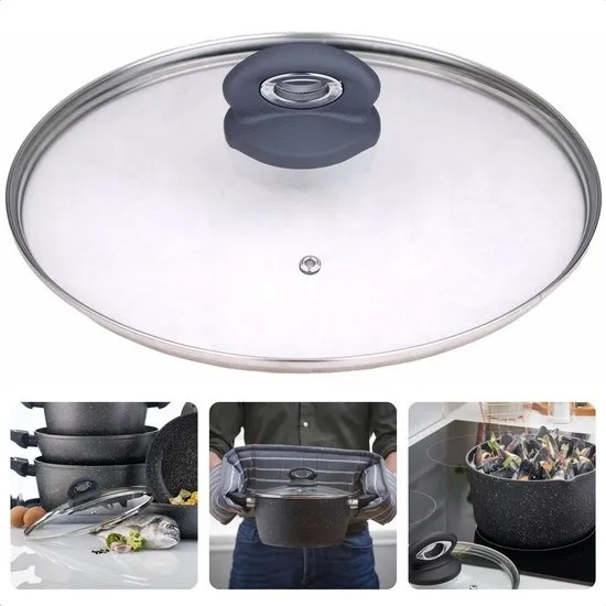 Glazen Deksel 16cm - RVS Rand - Met Stoomgaatje - Vaatwasmachine Bestendig - Pannendeksel voor Pannen