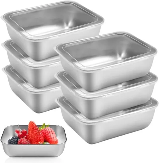 Set van 6 RVS Voedselopslagdozen met Deksel, Stapelbare Maaltijd Prep Dozen voor Vriezer en Oven, 13.5 x 10.5 x 5.5 cm, Ideaal voor Maaltijdplanning en Bewaren van Voedsel