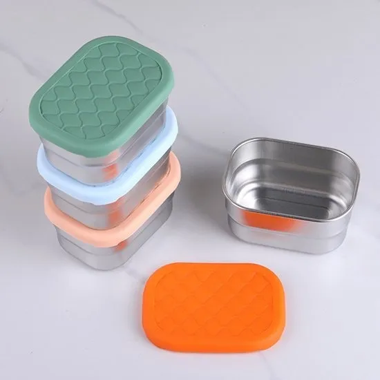 Set van 4 RVS snackbakjes 230ml met siliconen deksel, luchtdicht & lekvrij, stapelbare pastelkleurige voedseldozen voor kinderen, picknick en reis