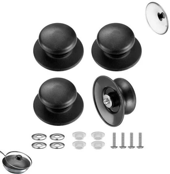Set van 4 stuks - handgrepen voor deksels - Universele vervangende handgreep voor pannendeksels - Universele knop voor pannendeksels - Vervangende bovenkant voor pannendeksels - Universele bakelieten vervangende bovenkant voor alle pannen (zwart)