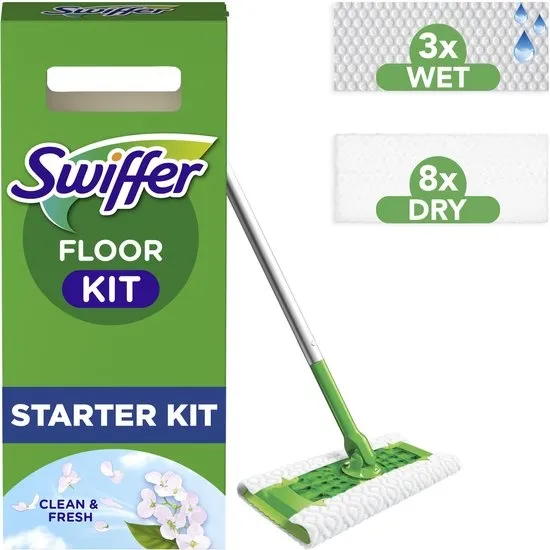 Swiffer - Dweilsysteem Startset - Droog en Nat Dweilen - Voor Het Schoonmaken van Hardhout en Vloeren - 1 Vloerreiniger, 8 Droge Vloerdoekjes, 3 Vochtige Vloerdoekjes