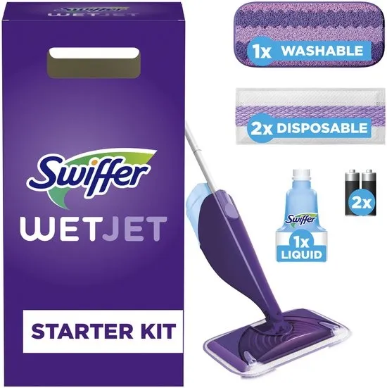 Swiffer WetJet - Alles-In-één Dweilsysteem Startset - Voor Iedere Vloer - 2 Wegwerpdoekjes + 1 Wasbaar Vloerdoekje + 500ml Schoonmaakmiddel