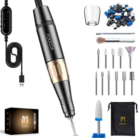 FOOCCA® Elektrische Nagelvijl - Nagelfrees 30000 RPM - Bedraad - Pen Pro - 12 Bitjes + 65 Schuurrolletjes + 3 Accessoires - Nagelstofkap - Manicure en Pedicure Set - Ergonomische Aluminium Behuizing - Eeltverwijderaar - Kalknagels