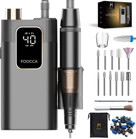 FOOCCA® Elektrische Nagelvijl - Nagelfrees 40000 RPM - Oplaadbaar - FOOCCA Portable - 12 Bitjes + 65 Schuurrolletjes + 3 Accessoires - Nagelstofkap - Manicure en Pedicure Set - Broekriemclip - Eeltverwijderaar - Kalknagels