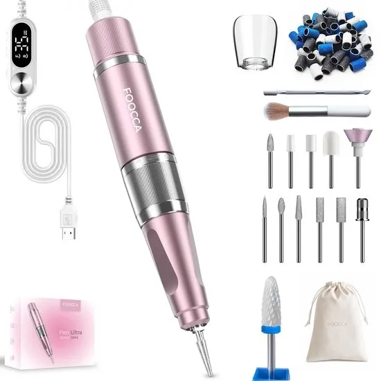 FOOCCA® Elektrische Nagelvijl - Nagelfrees 35000 RPM - Bedraad - Pen Ultra - 12 Bitjes + 65 Schuurrolletjes + 3 Accessoires - Nagelstofkap - Manicure en Pedicure Set - Ergonomische Aluminium Behuizing - Eeltverwijderaar - Kalknagels