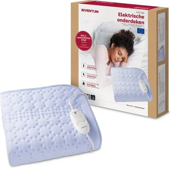 Inventum HN136i elektrische onderdeken 150x80 cm - 1 persoons - Warmtedeken - 3 warmtestanden - Extra warme voetzone - Antibacterieel - Fleece - Lichtblauw