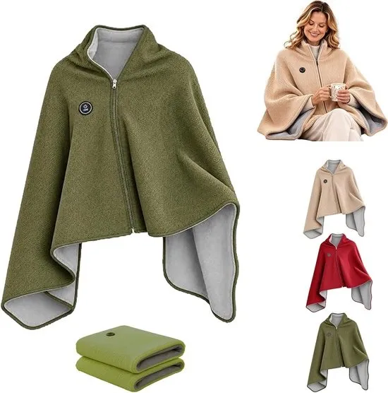 Elektrische deken - Elektrische Cape met Rits - Heated Shawl - Warmtedeken - Warmte Poncho - 3 Standen - snelle warmteafvoer - USB (Excl. Powerbank) - voor kantoor, bank, reizen - 150x80cm - Groen