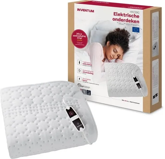 Inventum HN139G elektrische onderdeken 150x80 cm - 1 persoons - Warmtedeken - 4 warmtestanden - Snel opgewarmd - Antislip onderkant - Antibacterieel - Fleece - Wit