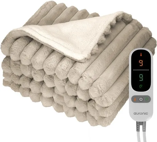 Auronic Elektrische Deken - 200 x 180cm - 2 Persoons Warmtedeken - 3 Warmtestanden - Verwarmingsdeken - Pluche - Taupe