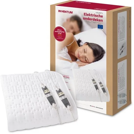 Inventum HN297V elektrische onderdeken 160x160 cm - 2 persoons - Warmtedeken - 9 warmtestanden - 2 zones apart instelbaar - Anti-allergie - Antibacterieel - Fleece - Wit
