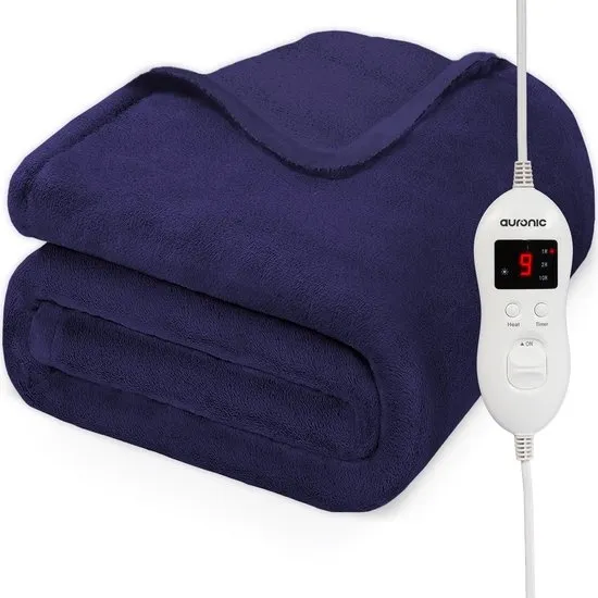 Auronic Elektrische Deken - 200 x 150 cm - 2 Persoons Warmtedeken - 9 Warmtestanden - Verwarmingsdeken - Blauw