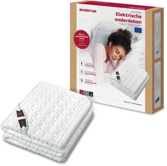 Inventum HN1300V elektrische onderdeken 150x80 cm - 1 persoons - Warmtedeken - 4 warmtestanden - Aparte voetzone - Fleece - Wit
