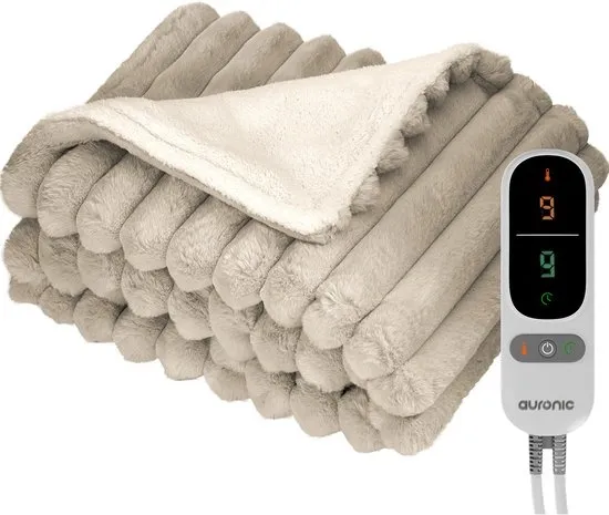 Auronic Elektrische Deken - 160 x 120cm - 1 Persoons Warmtedeken - 3 Warmtestanden - Verwarmingsdeken - Pluche - Taupe