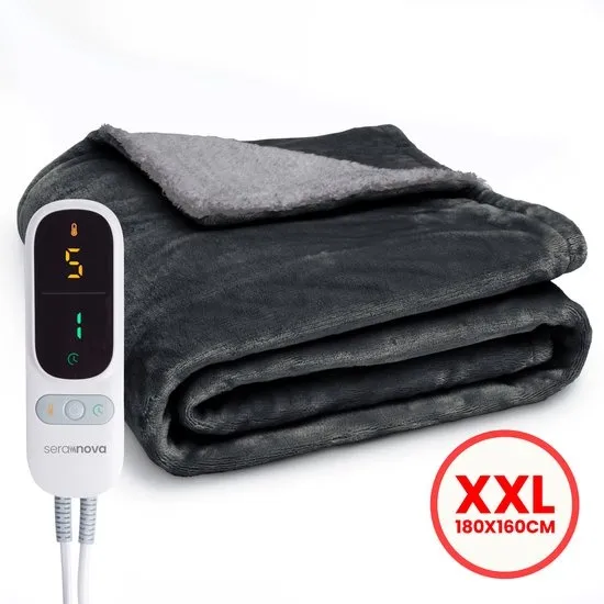 Seranova Elektrische Deken XXL - Extra Warmtedraden - Premium Model - 180x160 cm - 2 persoons Warmtedeken - Dubbelzijdig Fleece Sherpa - Antraciet