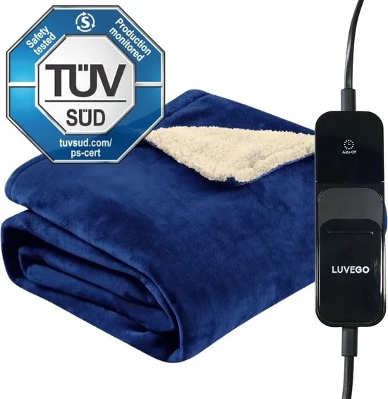 Luvego Elektrische Deken 1 Persoons Bovendeken & Warmtedeken - 160x120CM - TÜV GS - Omslagdeken & Knuffeldeken - 3 Warmtestanden - 120W - Verwarmingsdeken Fleece Plaid - Blauw