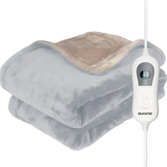 Auronic Elektrische Deken - 200 x 180 cm - 2 Persoons Warmtedeken - 3 Warmtestanden met Timer - Verwarmingsdeken - Grijs