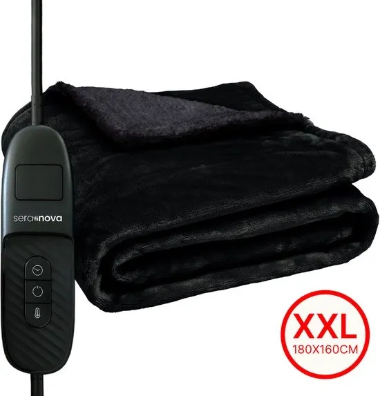 Seranova Elektrische Deken XXL - 180x160 cm - 2 Persoons Bovendeken - Warmtedeken - Dubbelzijdig Fleece Sherpa - Zwart