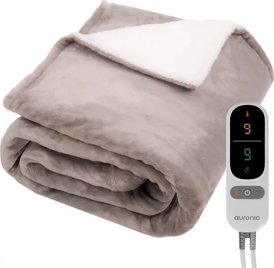 Auronic Elektrische Deken - 200 x 180 cm - 2 Persoons Warmtedeken - 9 Warmte en Timerstanden - Verwarmingsdeken - Sherpa Fleece - Taupe