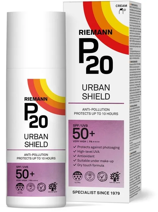 P20 Urban Shield SPF 50+ - Zonnebrand voor gezicht - Bescherming tegen luchtvervuiling en huidveroudering door de zon - Zonbescherming tot 10 uur - Verhoogde UVA- en UVB-bescherming - Parfumvrij - 50 gram
