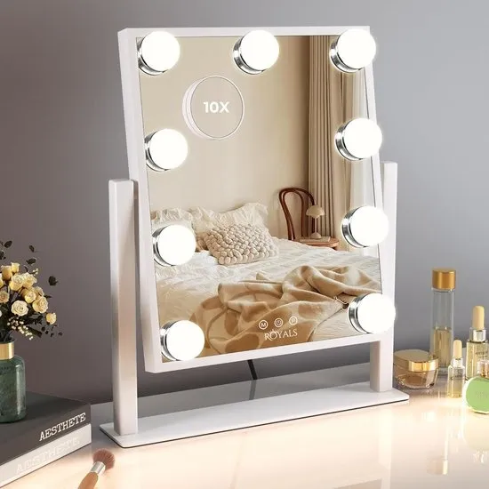 Royals Compacte Hollywood Spiegel 30x25CM - 9x Led Lampen - 10x Vergroting - 3 lichtstanden - Dimbaar - Smart Touch - hollywood spiegel met verlichting - Spiegel met verlichting - Make Up Spiegel - Visagie spiegel