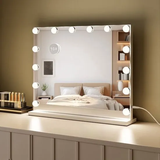 Royals Hollywood Spiegel 50x42CM - 14x Led Lampen - 10x Vergroting - 3 lichtstanden - Dimbaar - Smart Touch - hollywood spiegel met verlichting - Spiegel met verlichting - Make Up Spiegel - Visagie spiegel