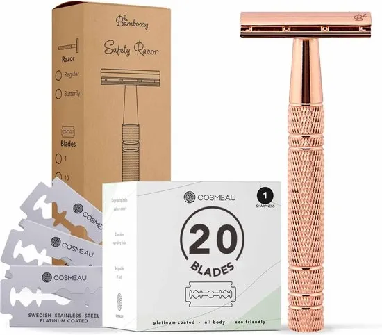 Safety Razor + 20 Scheermesjes Aluminium Rose Gold Goud Voor Vrouwen Dames Scheermes Veiligheidsscheermes