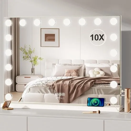 Royals Hollywood Spiegel 80x60CM - 18x Led Lampen - USB + USB-C Oplaadpoort - 10x Vergroting - 3 lichtstanden - Dimbaar - Smart Touch - hollywood spiegel met verlichting - Spiegel met verlichting - Make Up Spiegel - Visagie