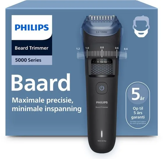 Philips Series 5000 Baardtrimmer mannen - 2 Trimkammen - Precisietrimmer - Waterproof - Haaropvangsysteem - Opbergzakje - Zwart - BT5775/15