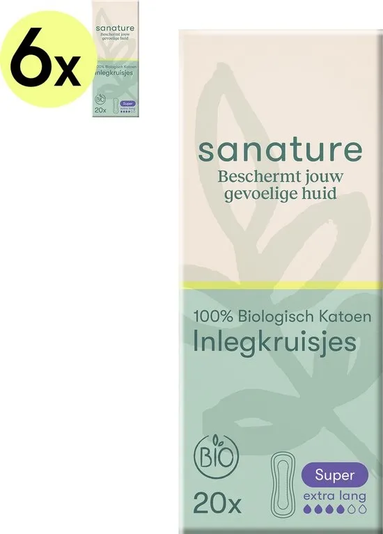 Sanature Bio - 100% katoenen - Inlegkruisjes Super - 6 x 20 stuks - Natuurlijk & voor de gevoelige huid