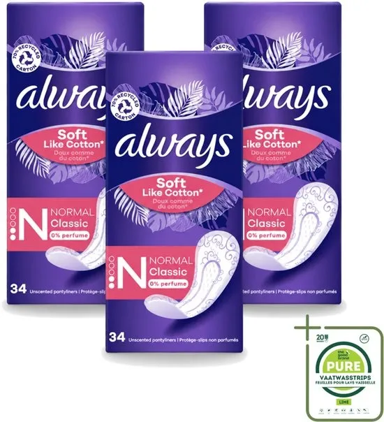 3 x Always – Inlegkruisjes – Discreet Normal – 34 stuks - Grootverpakking - Vaatwasstrips - Inlegkruisjes - Inlegkruisje - Hygiëne - Afscheiding - Urineverlies