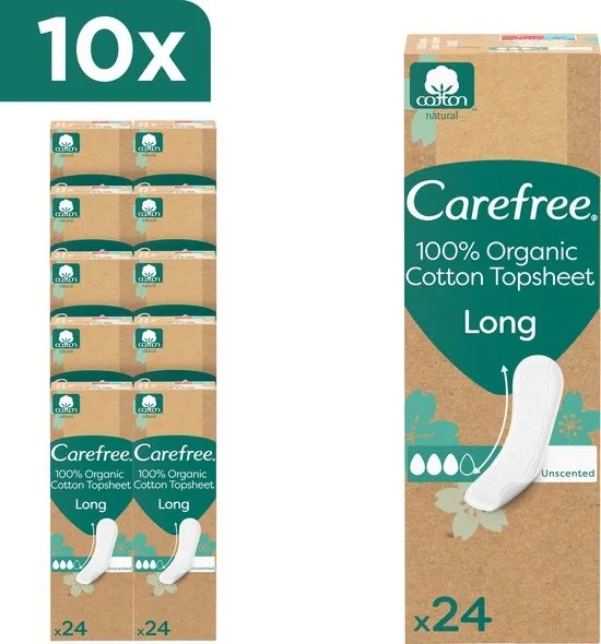 Carefree Organic Long inlegkruisjes van 100% biologisch katoen, hypoallergeen en dermatologisch getest, natuurlijk fris gevoel en zacht voor de huid, 10x24 stuks