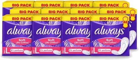 12 x Always – Inlegkruisjes – Soft Like Cotton Long 0% Parfum – 48 Inlegkruisjes - Voordeelverpakking - 12 stuks