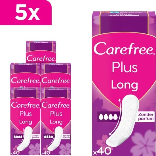Carefree Plus Long inlegkruisjes - met ultieme verbeterde kern - parfumvrij - absorptiegraad vier - extra lang - 5 x 40 stuks
