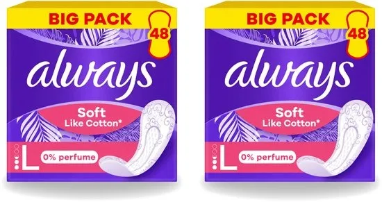 2 x Always – Inlegkruisjes – Soft Like Cotton Long 0% Parfum – 48 Inlegkruisjes - Voordeelverpakking - 2 stuks