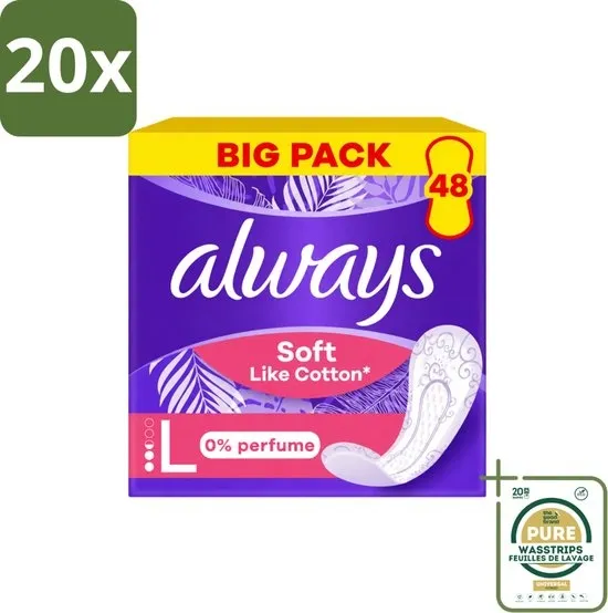 20 x Always – Inlegkruisjes – Soft Like Cotton Long 0% Parfum – 48 Inlegkruisjes - Wasstrips - Inlegkruisjes - Always Soft Like Cotton - 0% Parfum - Katoenzacht - Vrouwelijke Hygiëne