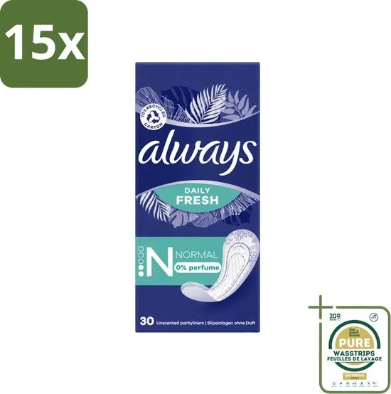 15 x Always Daily Fresh - Inlegkruisjes - Normaal - Ongeparfumeerd - 30 Inlegkruisjes - Wasstrips - Inlegkruisjes - Geurneutralisatie - Actipearls - Dermatologisch Getest - Droog Gevoel