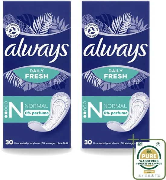 2 x Always Daily Fresh - Inlegkruisjes - Normaal - Ongeparfumeerd - 30 Inlegkruisjes - Wasstrips - Inlegkruisjes - Geurneutralisatie - Actipearls - Dermatologisch Getest - Droog Gevoel