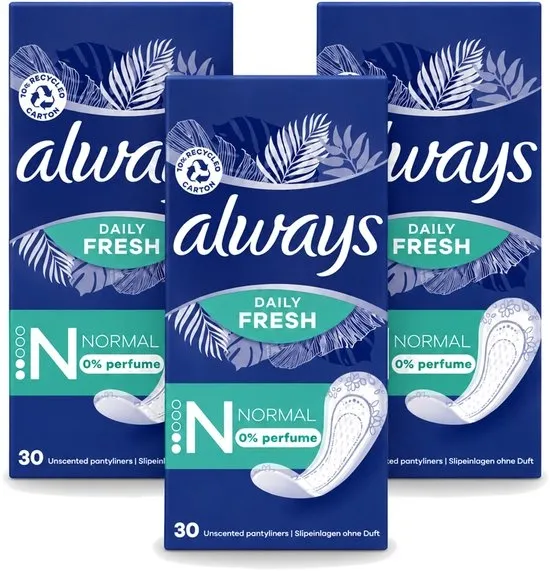 3 x Always Daily Fresh - Inlegkruisjes - Normaal - Ongeparfumeerd - 30 Inlegkruisjes - Voordeelverpakking - 3 stuks